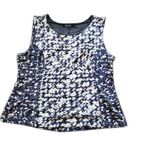 NIC+ZOE Top Geometric Abstract Print Blouse Faux Leather Trim Navy & Beige M